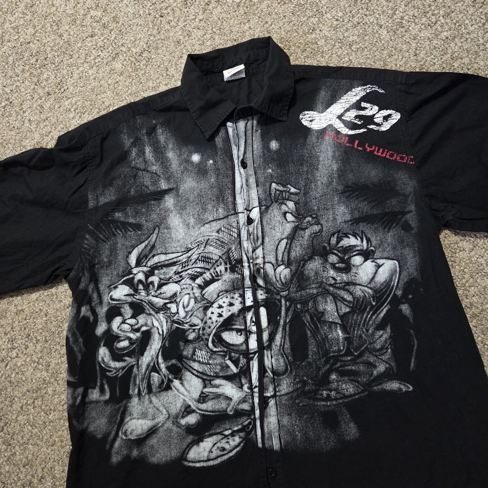 Vintage‎ Y2K Lot29 Shirt Taz Marvin Coyote Looney Tunes Mens 2XL Black Button Up